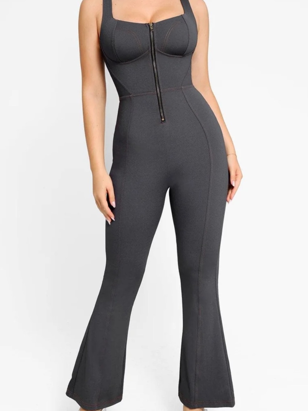 Nwt Popilush Shapewear Sculpting Denim Tank Flare Leg Jumpsuit